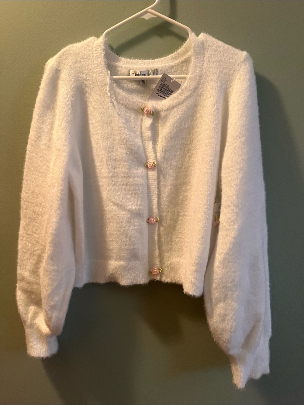 Madden Girl White Fuzzy Cardigan with Rose Buttons